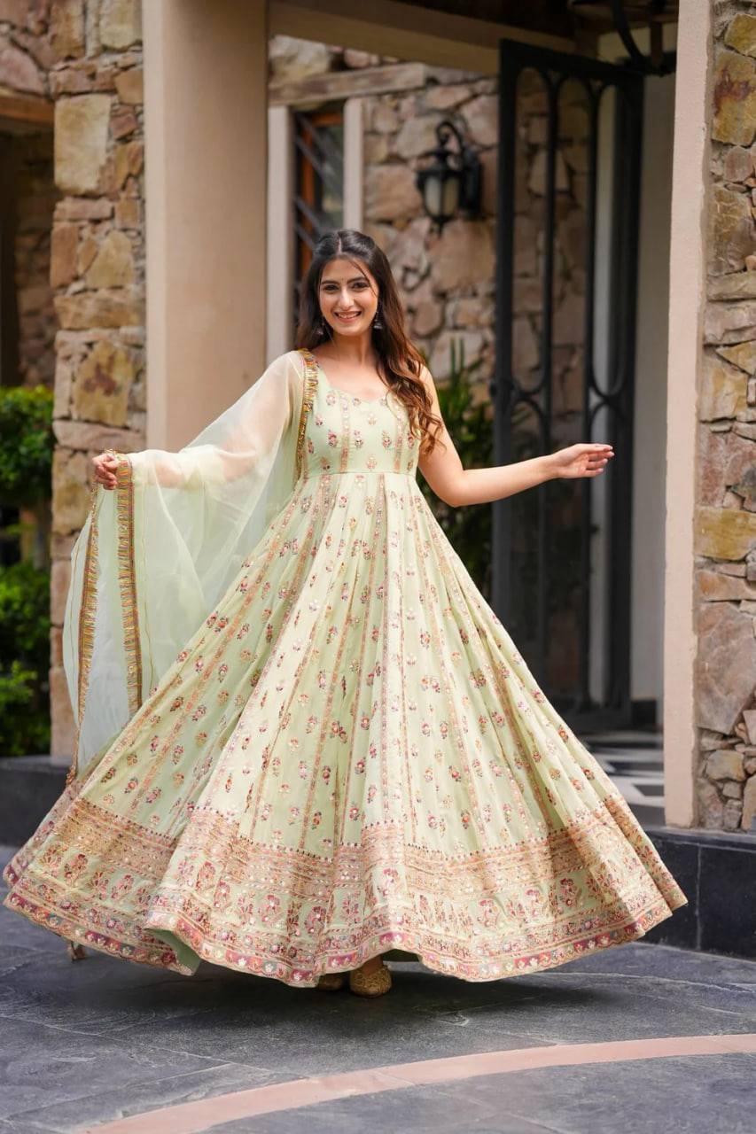 Elegant Faux Georgette Gown with Sequin Embroidery and Stretchable Waist Pants in Micro Cotton