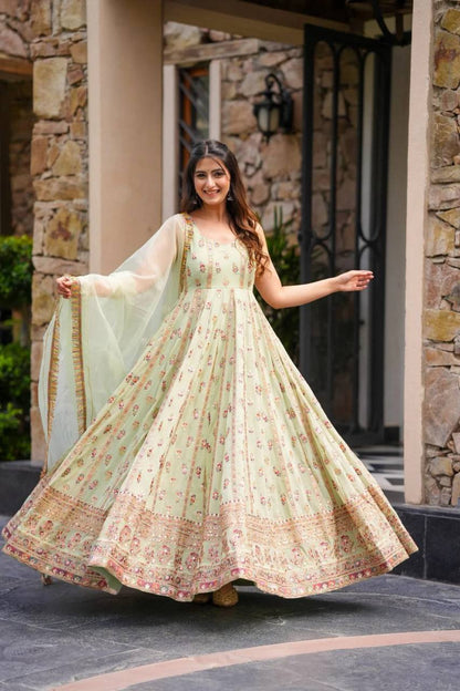Elegant Faux Georgette Gown with Sequin Embroidery and Stretchable Waist Pants in Micro Cotton