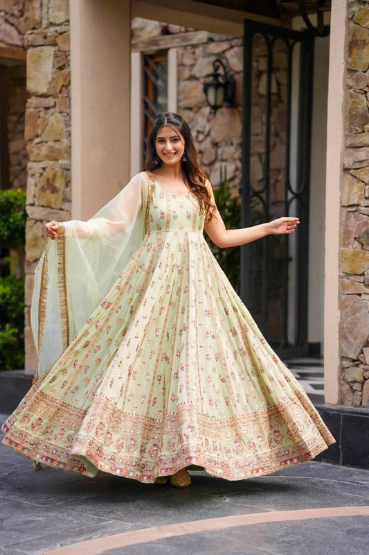 Elegant Faux Georgette Gown with Sequin Embroidery and Stretchable Waist Pants in Micro Cotton
