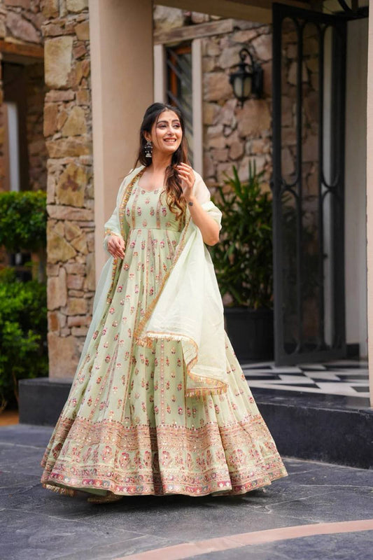 Elegant Faux Georgette Gown with Sequin Embroidery and Stretchable Waist Pants in Micro Cotton