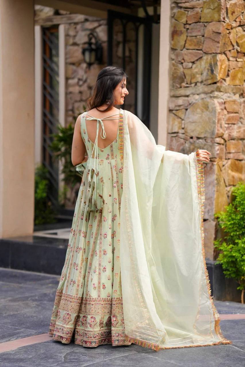 Elegant Faux Georgette Gown with Sequin Embroidery and Stretchable Waist Pants in Micro Cotton