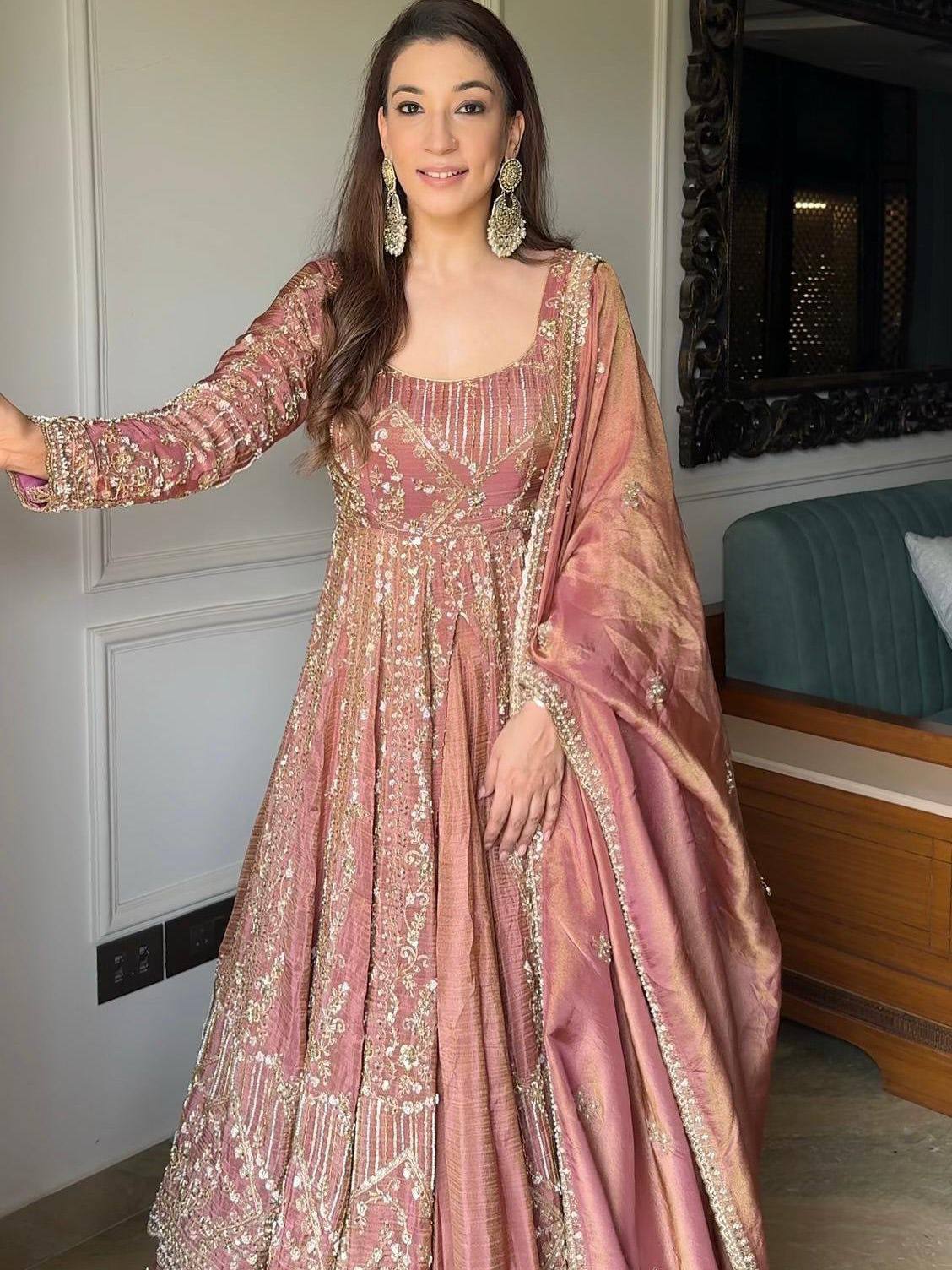 Heavy Crunchy Silk Designer Gown with Embroidered Lehenga & Micro Cotton Lining