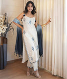 Premium Off-White and Blue Striped Kurti and Pant Set with Dupatta in Kora Cotton