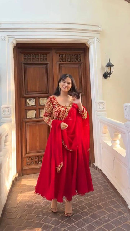 Red Designer Gown and Pant Set with Dupatta – All-Side Sequin Embroidery in Georgette