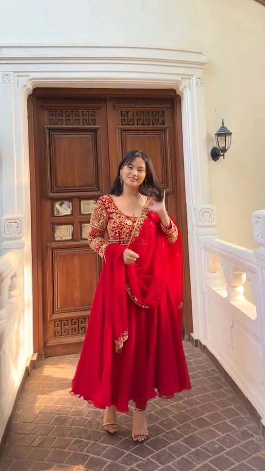 Red Designer Gown and Pant Set with Dupatta – All-Side Sequin Embroidery in Georgette