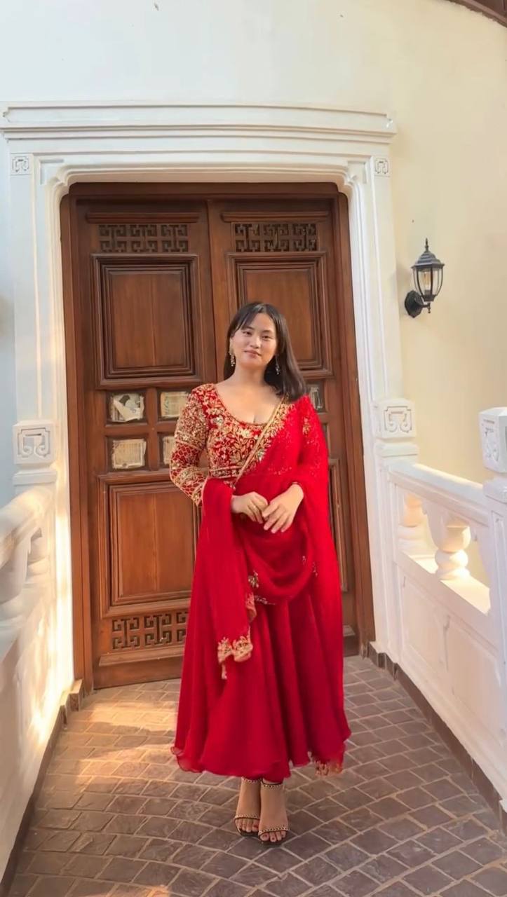Red Designer Gown and Pant Set with Dupatta – All-Side Sequin Embroidery in Georgette