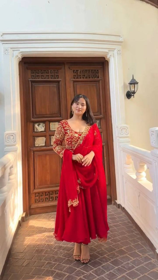 Red Designer Gown and Pant Set with Dupatta – All-Side Sequin Embroidery in Georgette