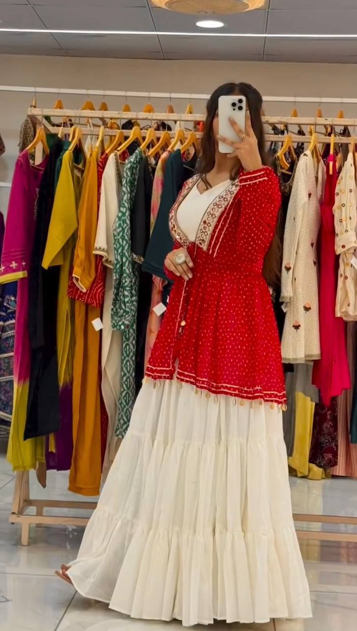 Designer Red Lehenga Choli for Navratri in Georgette with Real Mirror Work and Kodi-Sikka Lace