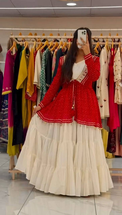 Designer Red Lehenga Choli for Navratri in Georgette with Real Mirror Work and Kodi-Sikka Lace