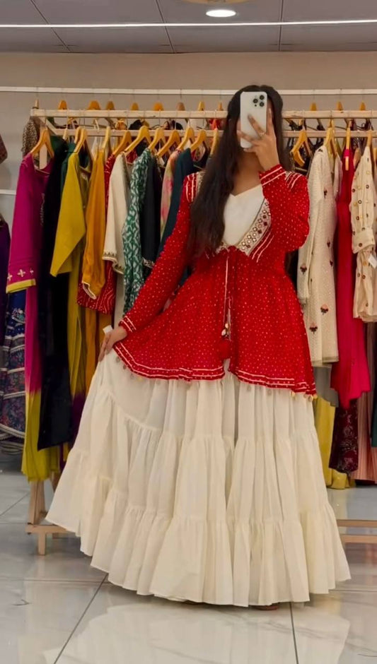 Designer Red Lehenga Choli for Navratri in Georgette with Real Mirror Work and Kodi-Sikka Lace