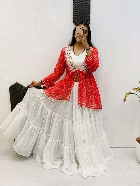 Designer Red Lehenga Choli for Navratri in Georgette with Real Mirror Work and Kodi-Sikka Lace