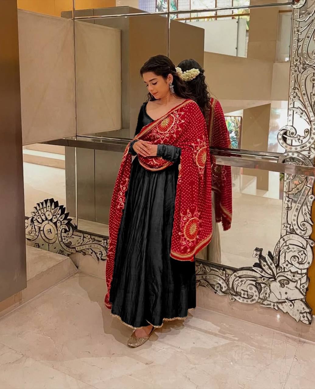 Designer Three-Piece Gown in Chinon with Bandhani Dupatta & Latkan Dori Work