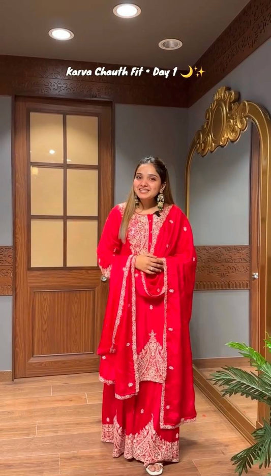 Designer Faux Georgette Embroidered Top and Sharara Set with Matching Dupatta Fully Stitched