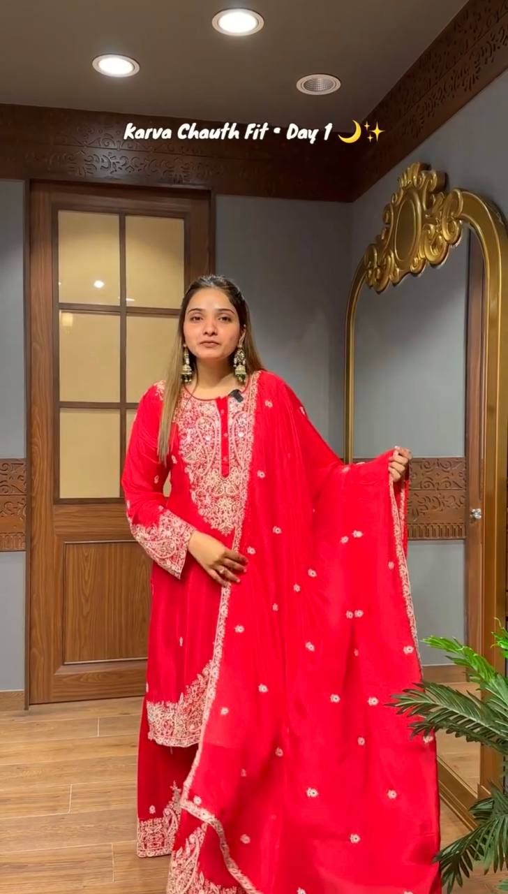 Designer Faux Georgette Embroidered Top and Sharara Set with Matching Dupatta Fully Stitched