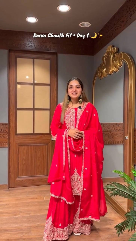Designer Faux Georgette Embroidered Top and Sharara Set with Matching Dupatta Fully Stitched