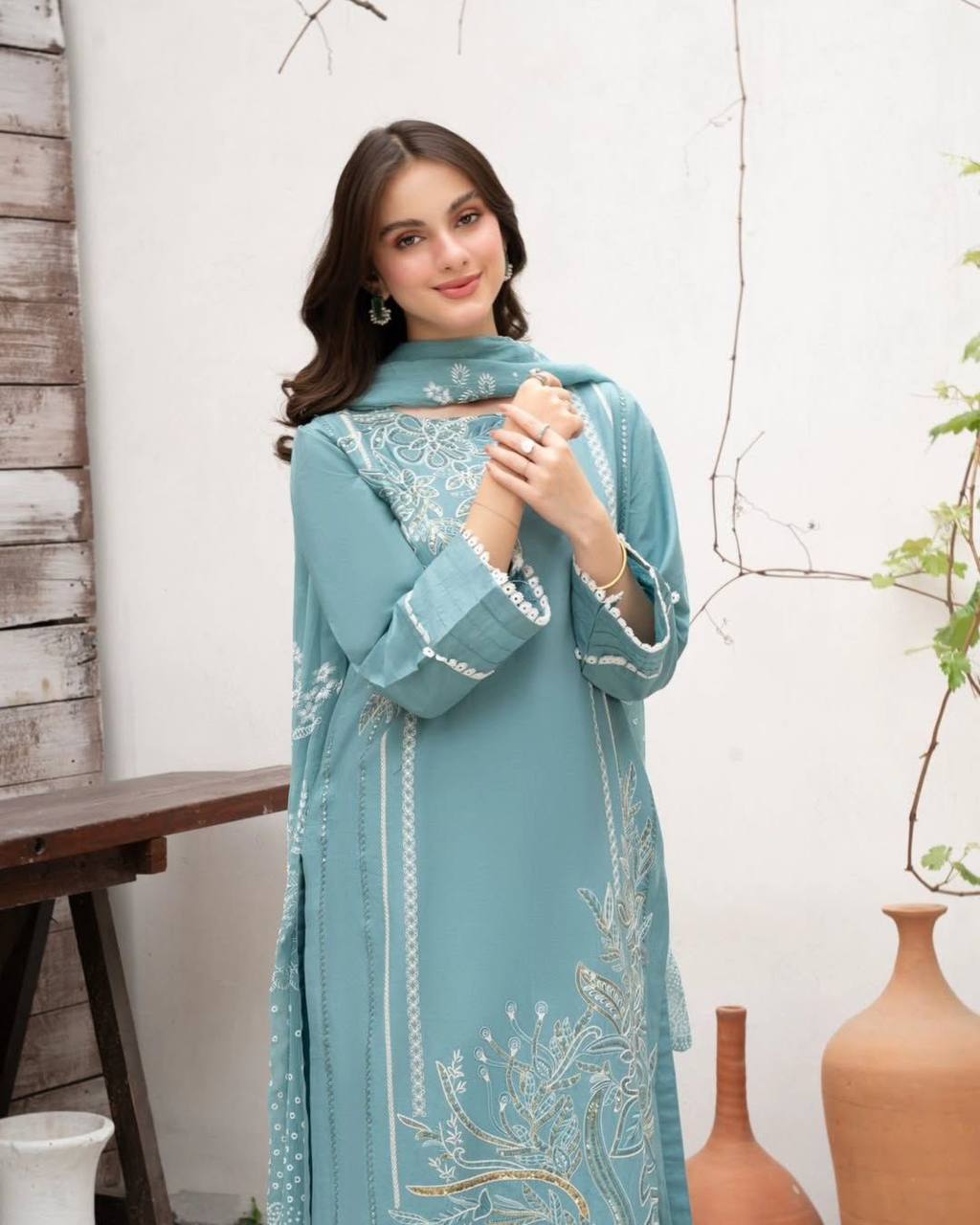Luxury Blue Designer Suit in Roman Silk Fabric with Full Sequin Embroidery and Dupatta Pair