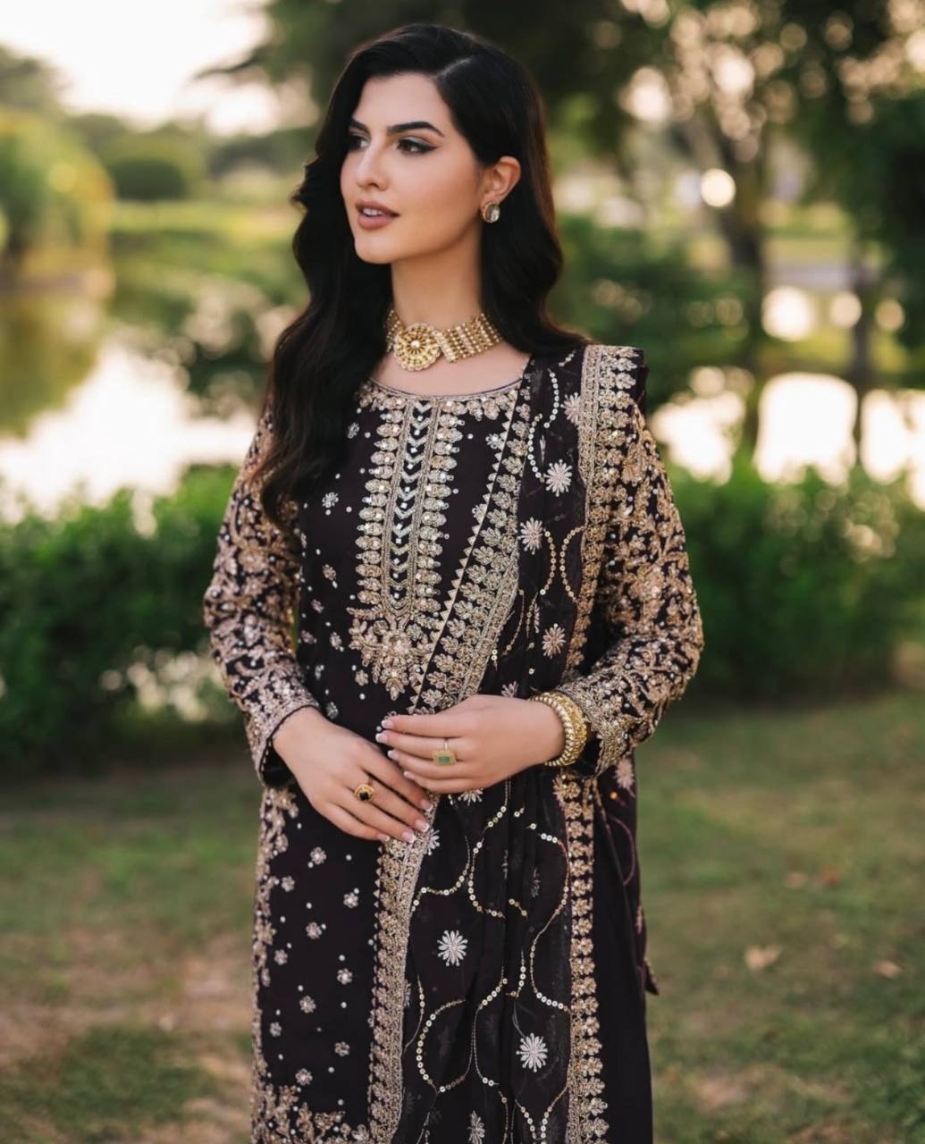 New Designer Set: Heavy Faux Georgette Top Plazzo Dupatta with Embroidery and Beads - Jaipuri Vastra