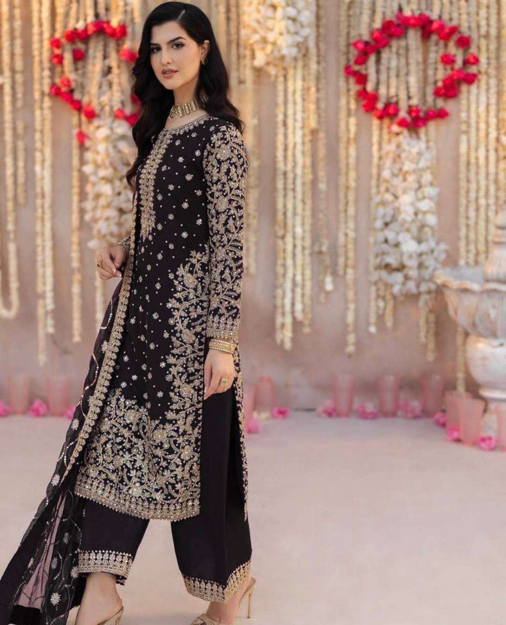 New Designer Set: Heavy Faux Georgette Top Plazzo Dupatta with Embroidery and Beads - Jaipuri Vastra