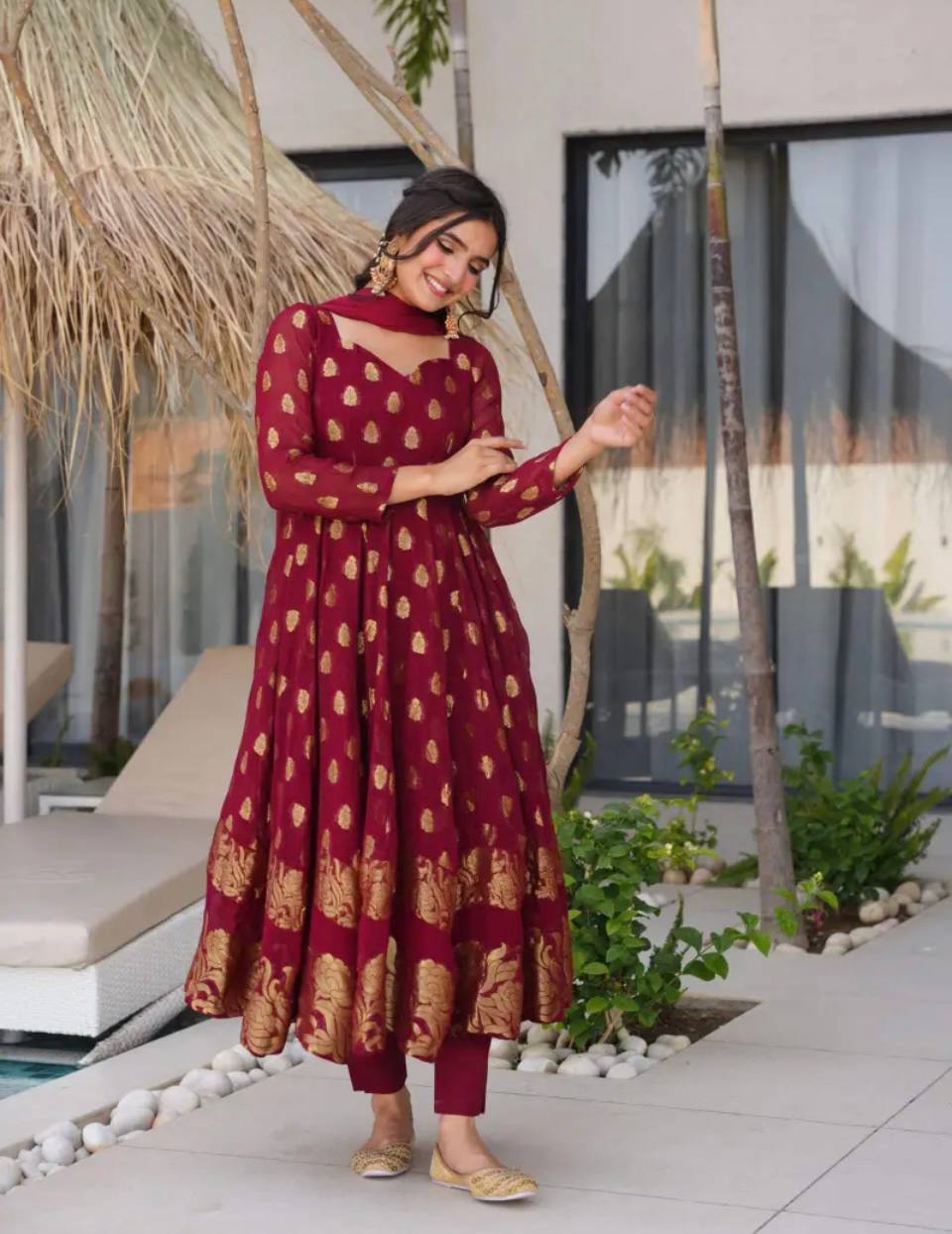 Complementary Pant Fabric and Styling Details for a Complete Party Wear Ensemble