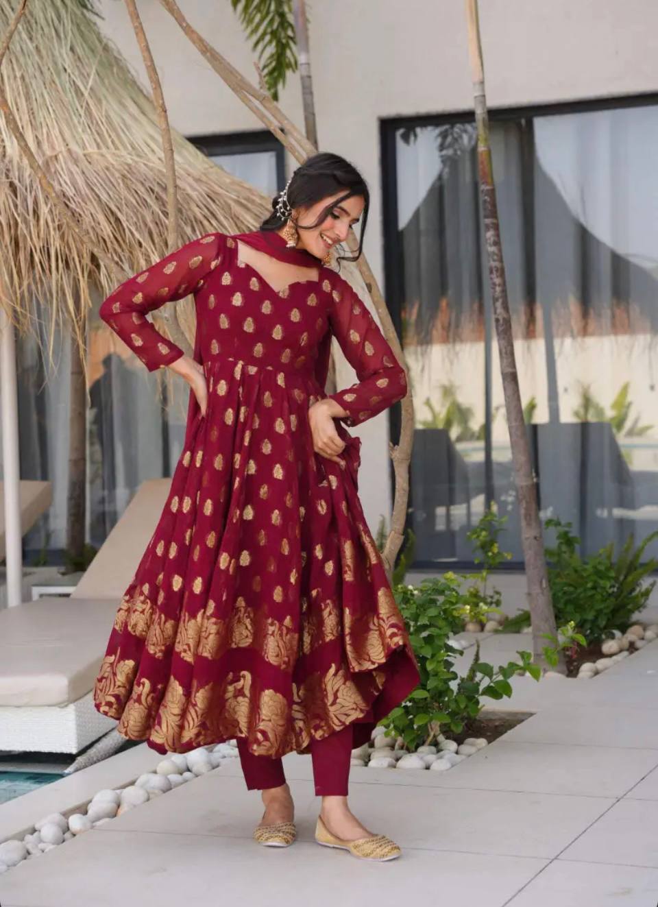 Complementary Pant Fabric and Styling Details for a Complete Party Wear Ensemble