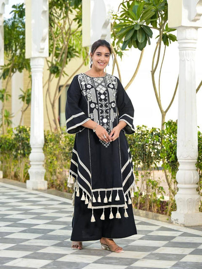 Elegant Thread Embroidered Top and Plazzo Set with Real Mirror and Latkan Accents