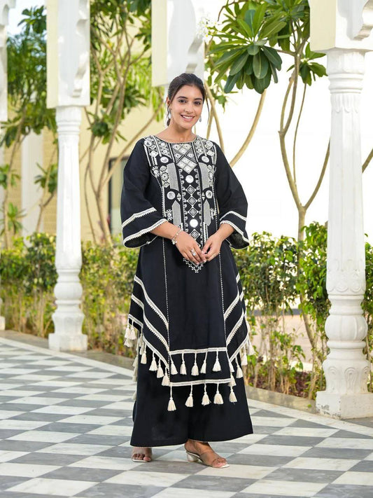 Elegant Thread Embroidered Top and Plazzo Set with Real Mirror and Latkan Accents