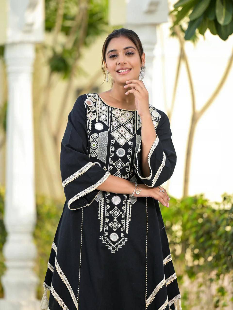 Elegant Thread Embroidered Top and Plazzo Set with Real Mirror and Latkan Accents