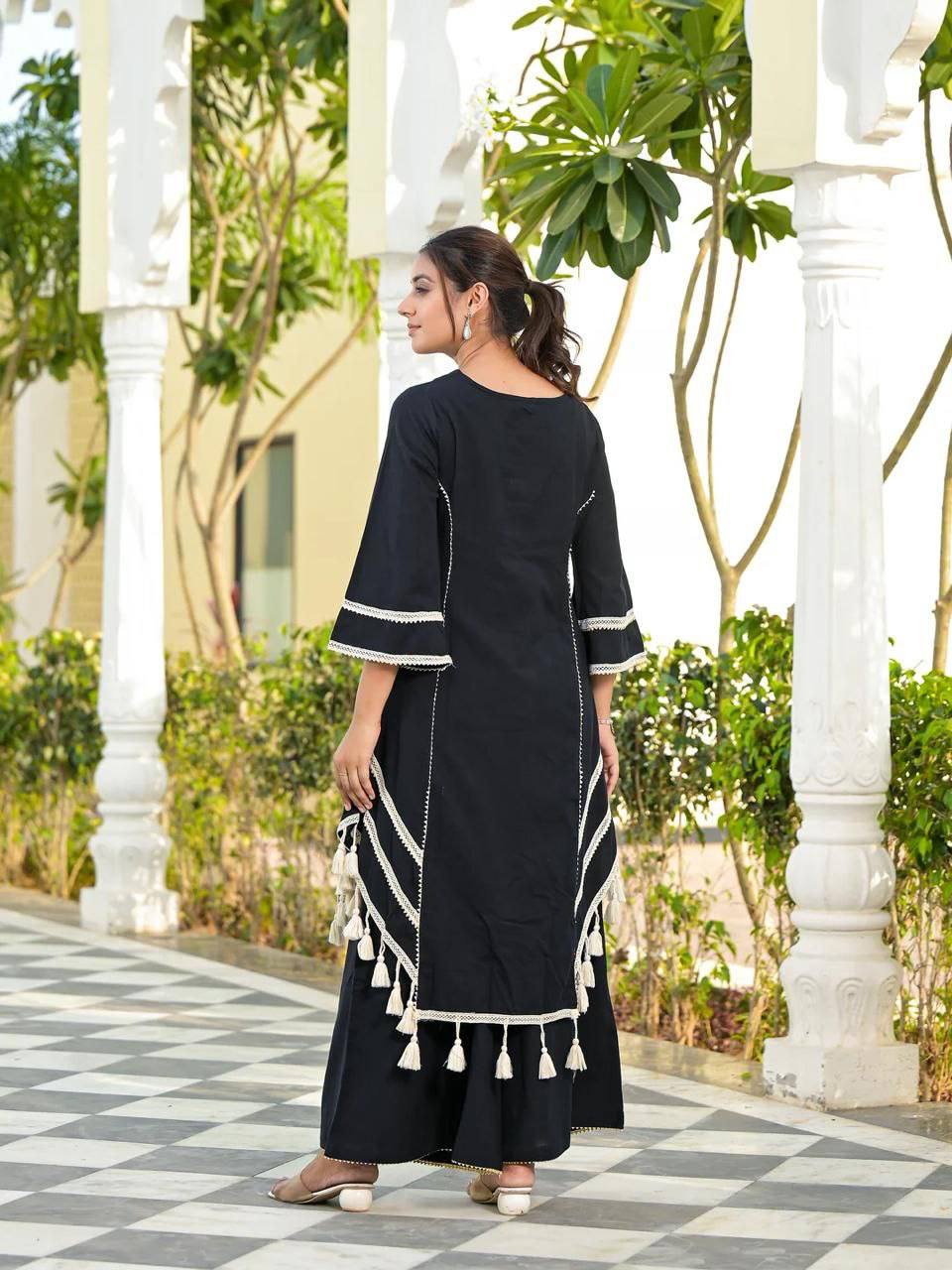 Elegant Thread Embroidered Top and Plazzo Set with Real Mirror and Latkan Accents