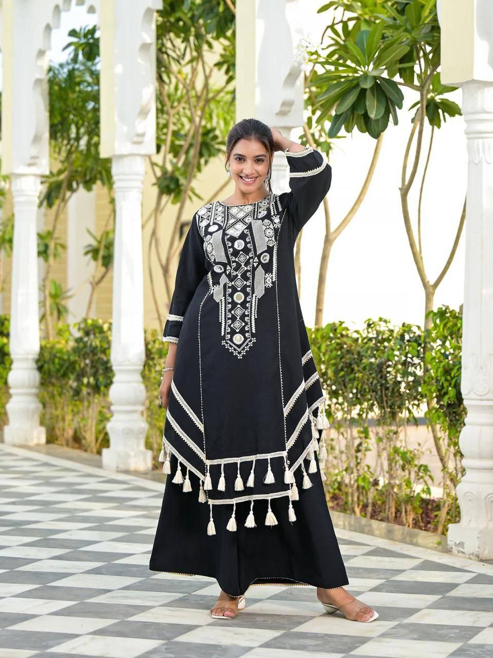 Elegant Thread Embroidered Top and Plazzo Set with Real Mirror and Latkan Accents
