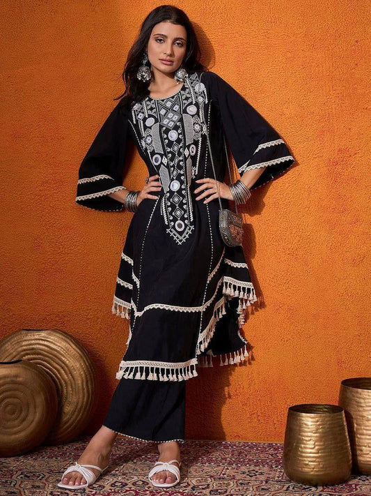 Elegant Thread Embroidered Top and Plazzo Set with Real Mirror and Latkan Accents