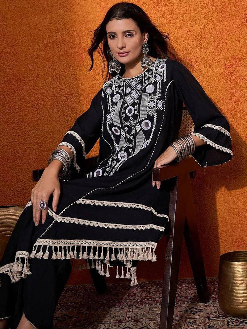 Elegant Thread Embroidered Top and Plazzo Set with Real Mirror and Latkan Accents