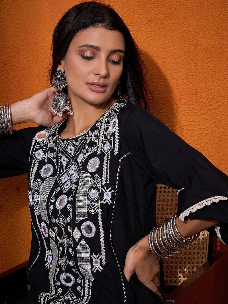 Elegant Thread Embroidered Top and Plazzo Set with Real Mirror and Latkan Accents