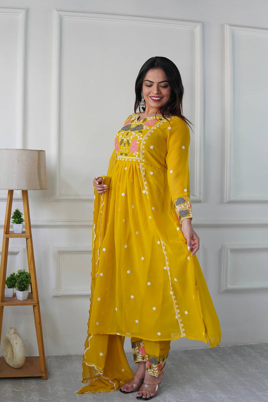 Premium Designer Party Wear Heavy Fox Georgette Top & Pant with Embroidered Dupatta