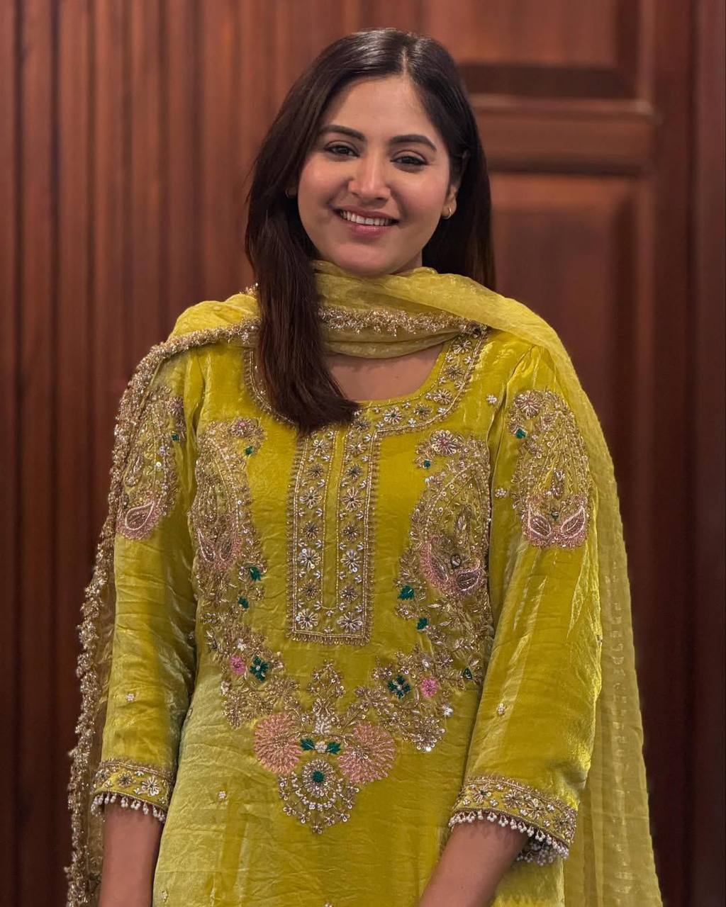 Fendy Fabric Farsi Salwar Suit in Lemon Yellow with Exclusive Sequin Embroidery and Dupatta