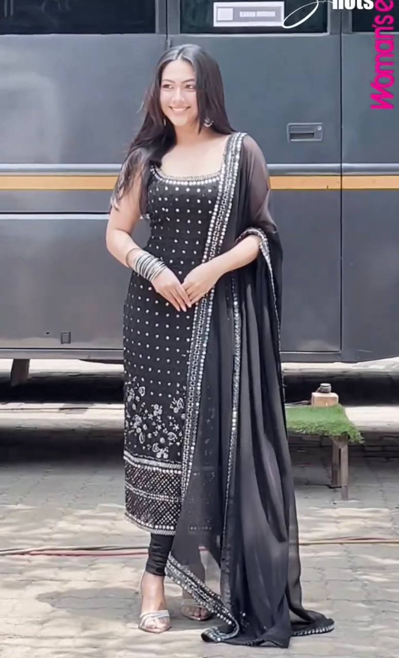 Traditional Georgette Suit Set with Mirror Work and Embroidered Dupatta