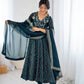 Anarkali Gown in Crunchy Silk with Sequin Embroidery, Paired with Micro Cotton Pants and Lace Dupatta