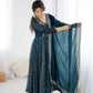 Anarkali Gown in Crunchy Silk with Sequin Embroidery, Paired with Micro Cotton Pants and Lace Dupatta