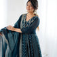 Anarkali Gown in Crunchy Silk with Sequin Embroidery, Paired with Micro Cotton Pants and Lace Dupatta