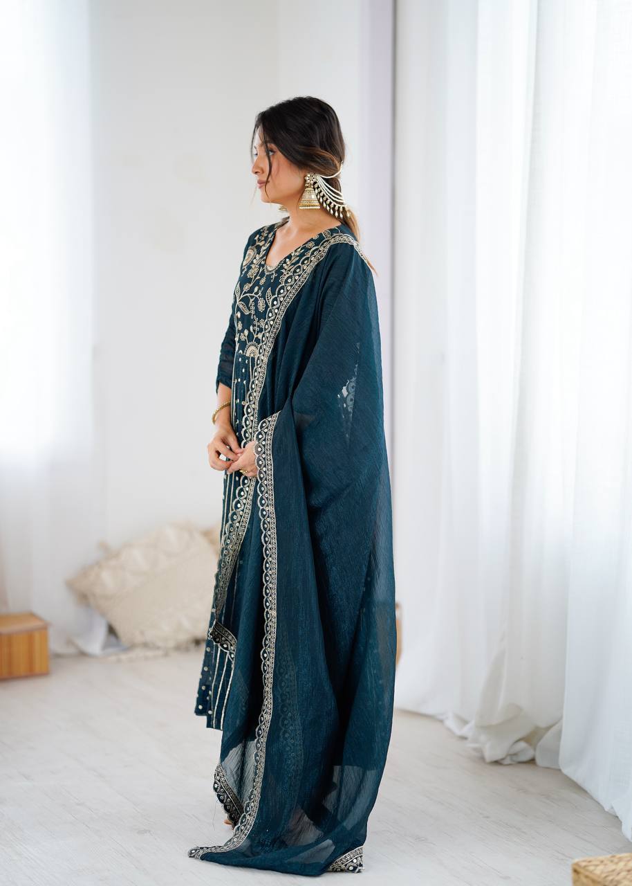 Anarkali Gown in Crunchy Silk with Sequin Embroidery, Paired with Micro Cotton Pants and Lace Dupatta