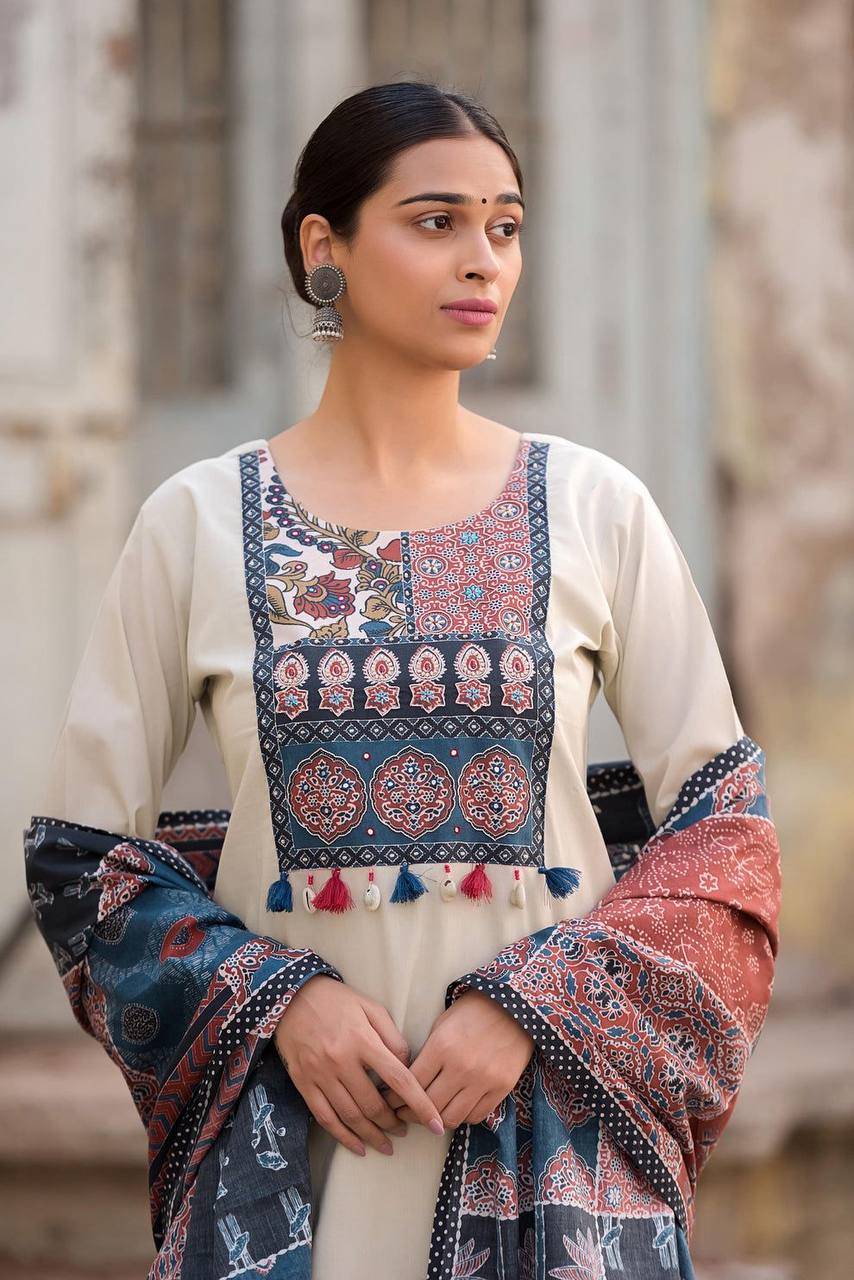 Contemporary Roman Silk Suit with Pant and Printed Dupatta Set