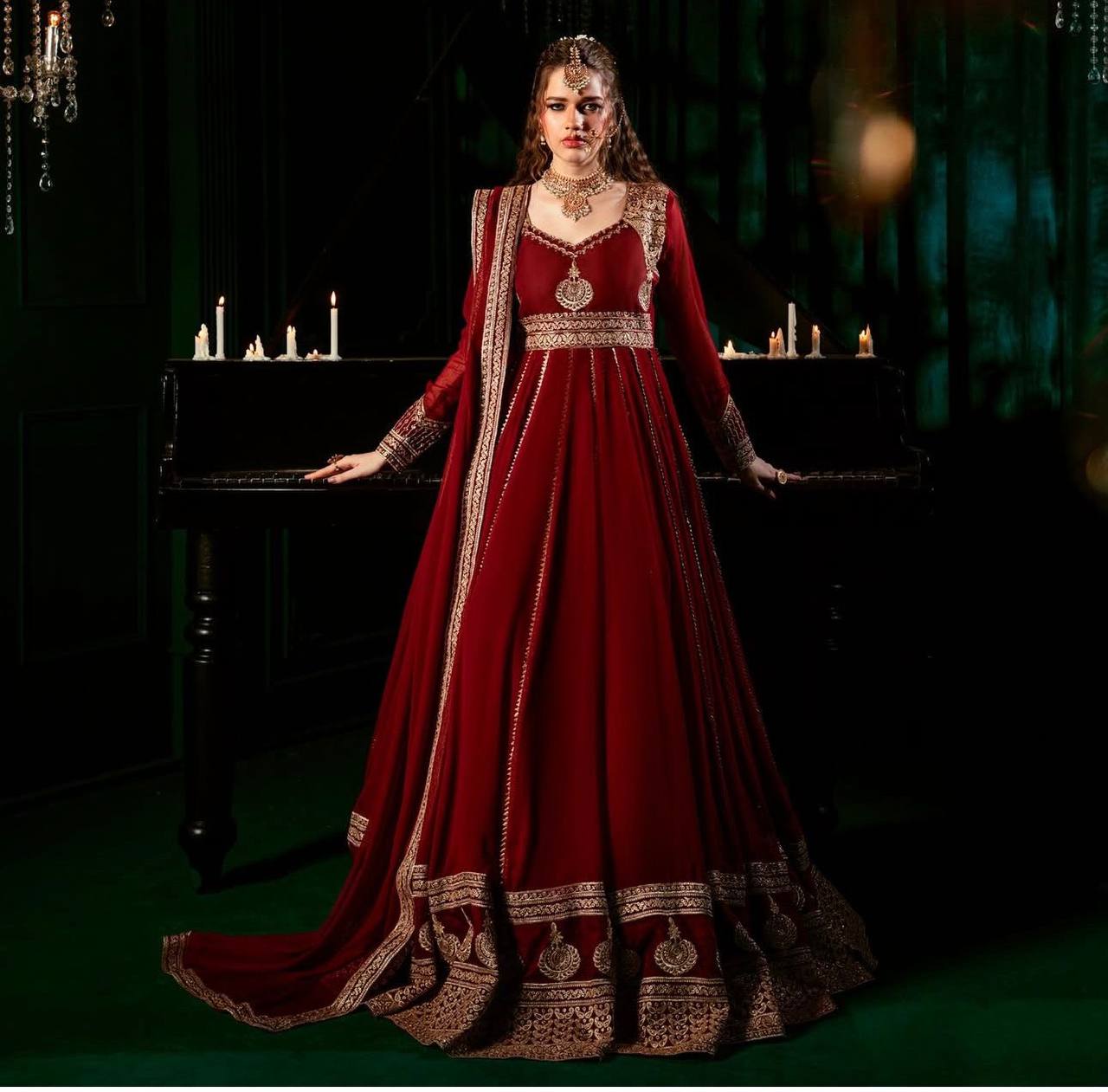 Anarkali Set in Faux Georgette with Cotton Bottom & Mirrorwork Dupatta