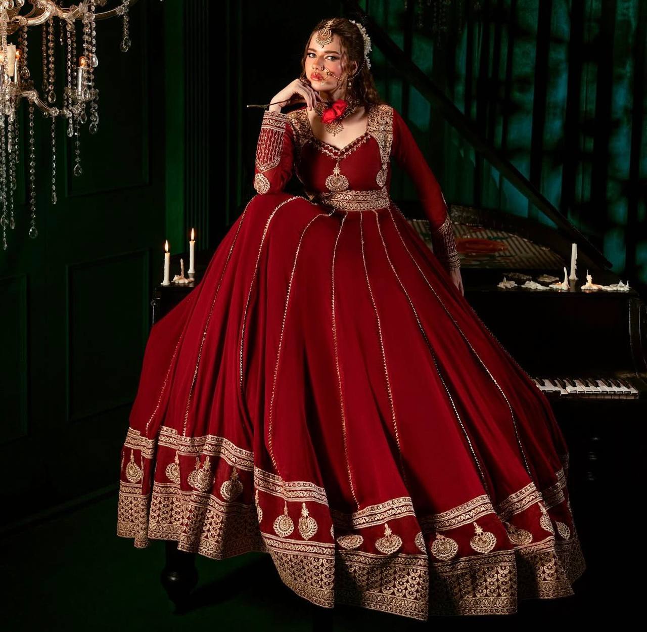 Anarkali Set in Faux Georgette with Cotton Bottom & Mirrorwork Dupatta