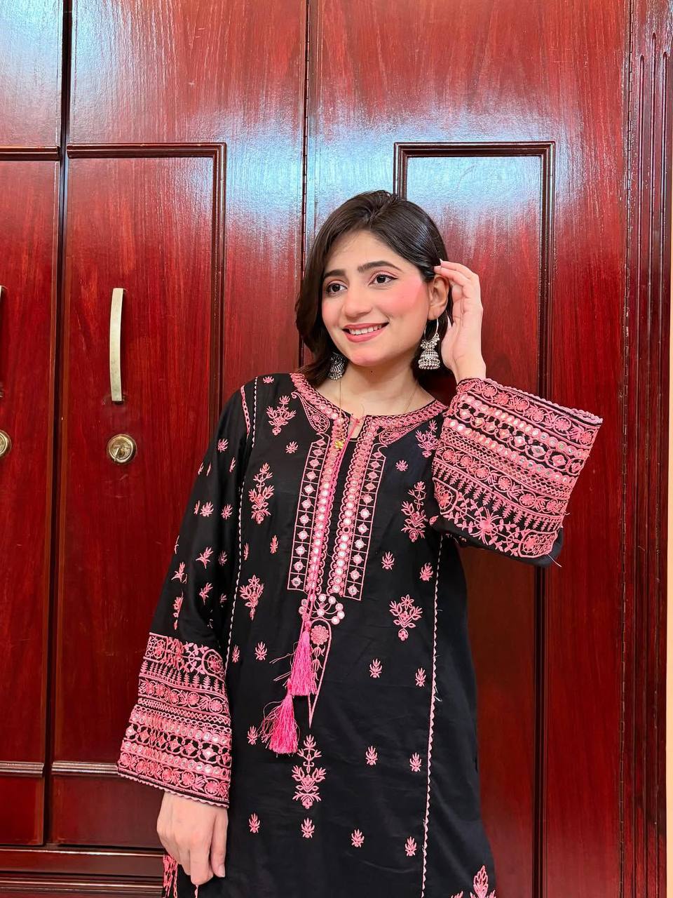 Real Mirror Work Roman Silk Suit with Embroidered Plazzo and Dupatta