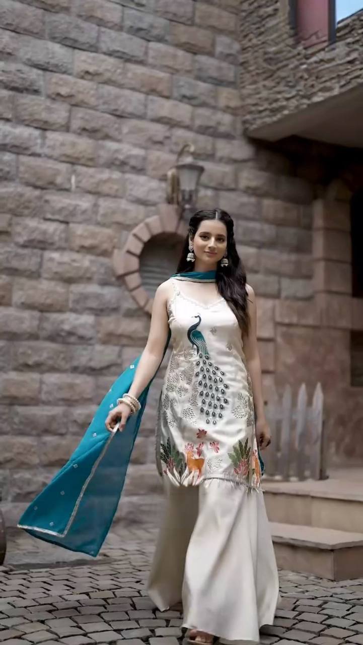 Designer French Crape Plazzo Set with Peacock Embroidery and Lace Border