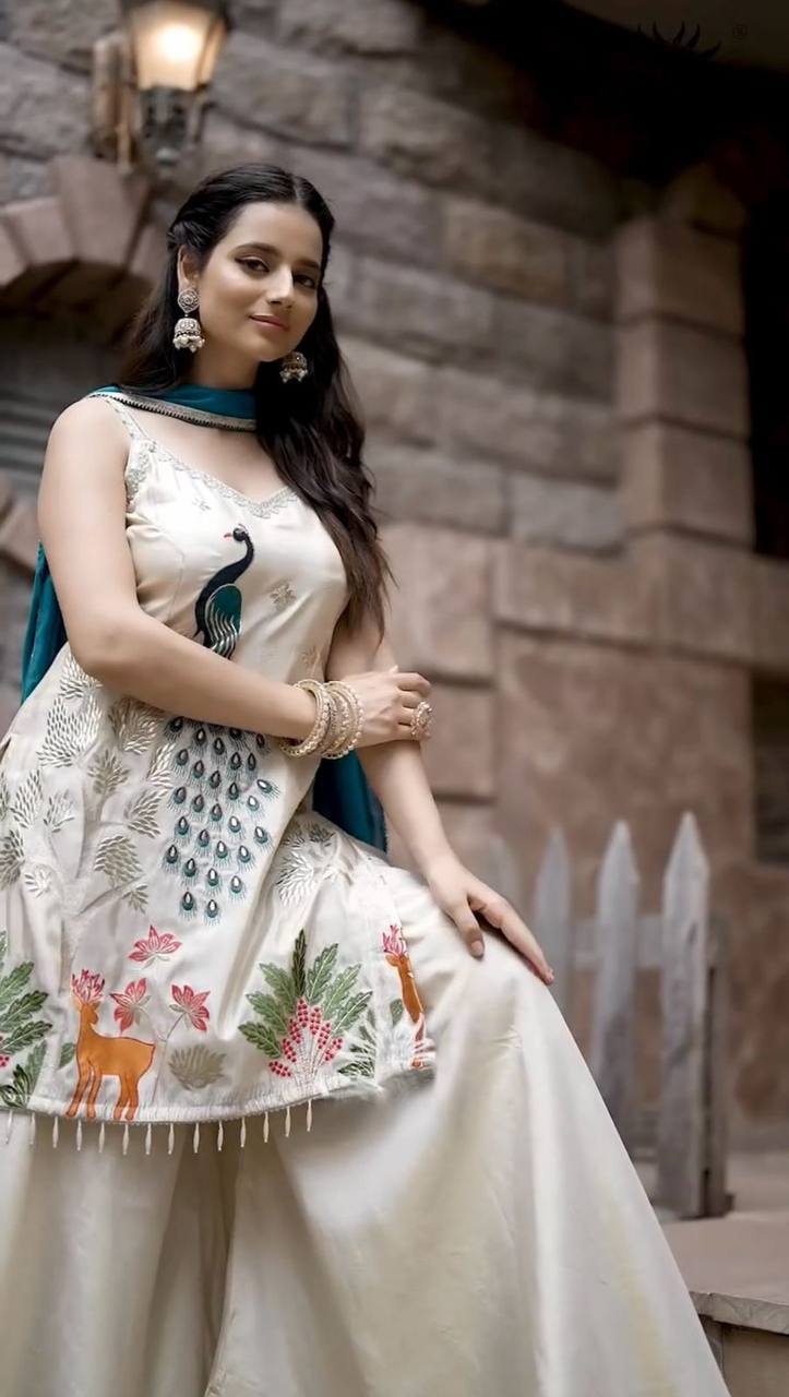 Designer French Crape Plazzo Set with Peacock Embroidery and Lace Border