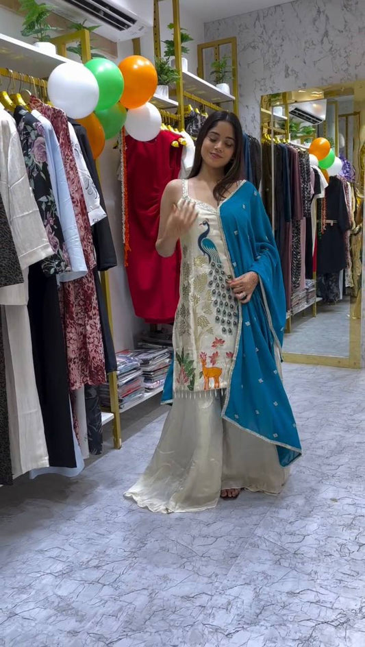 Designer French Crape Plazzo Set with Peacock Embroidery and Lace Border