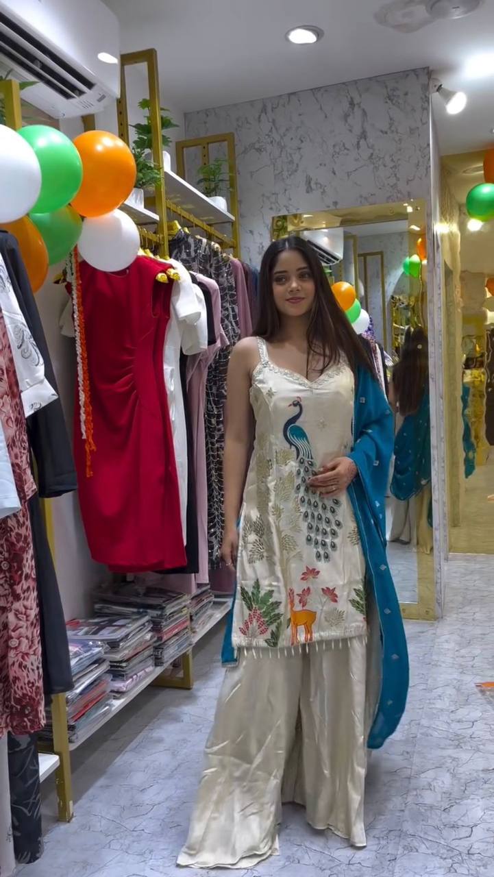 Designer French Crape Plazzo Set with Peacock Embroidery and Lace Border
