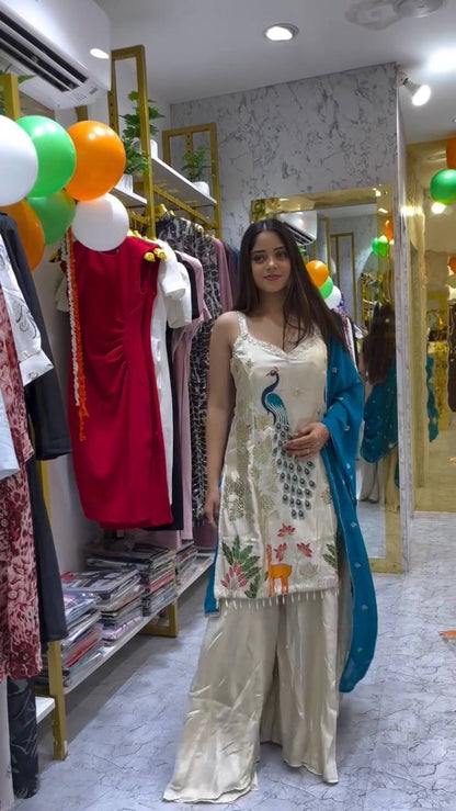 Designer French Crape Plazzo Set with Peacock Embroidery and Lace Border