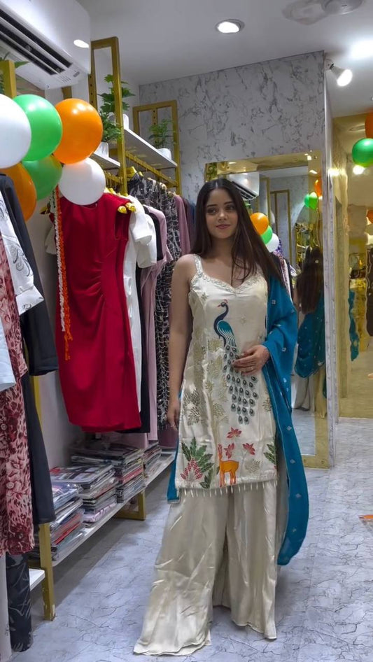 Designer French Crape Plazzo Set with Peacock Embroidery and Lace Border