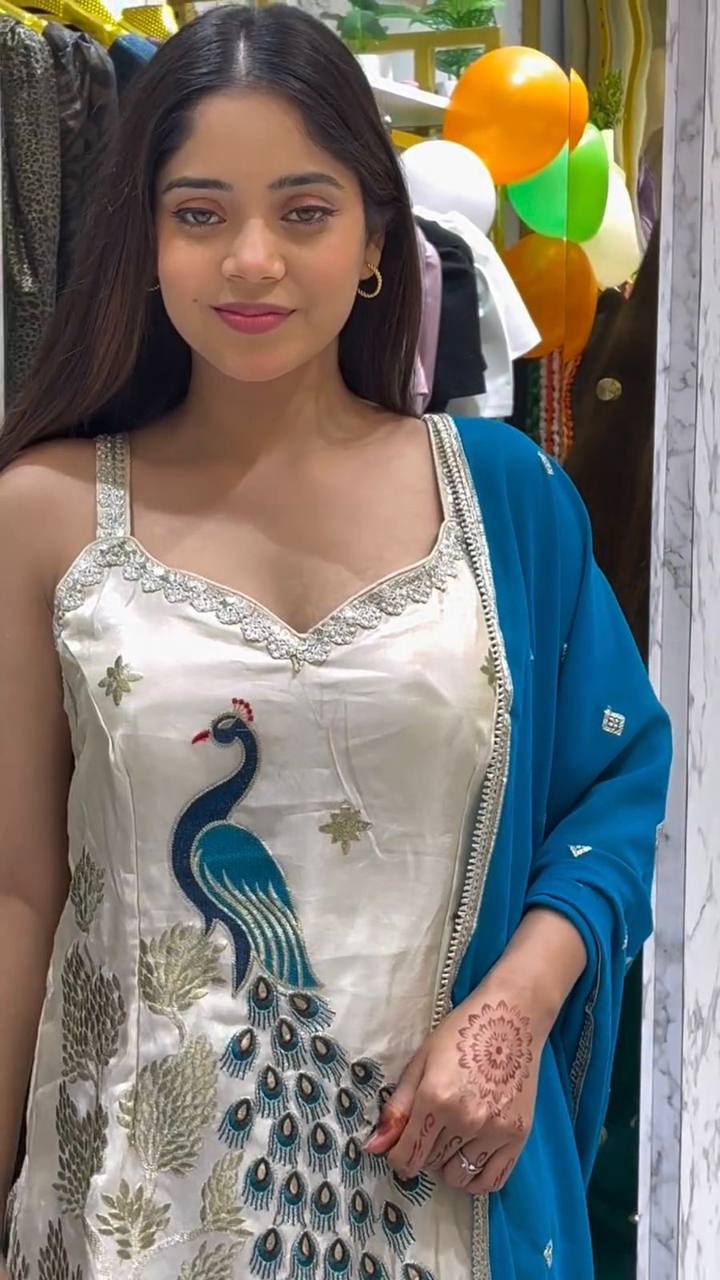 Designer French Crape Plazzo Set with Peacock Embroidery and Lace Border